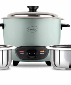 Pigeon Inox Rice Cooker with Double pot, 1 litres | Stainless Steel Lid | 400 Watts | 2 Steel Cooking Pot | Measuring Cup | Spatula | Energy Efficient Cooking